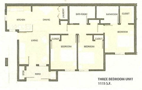 Floor plan for 3 beds, 2 baths, 1115 sqft
